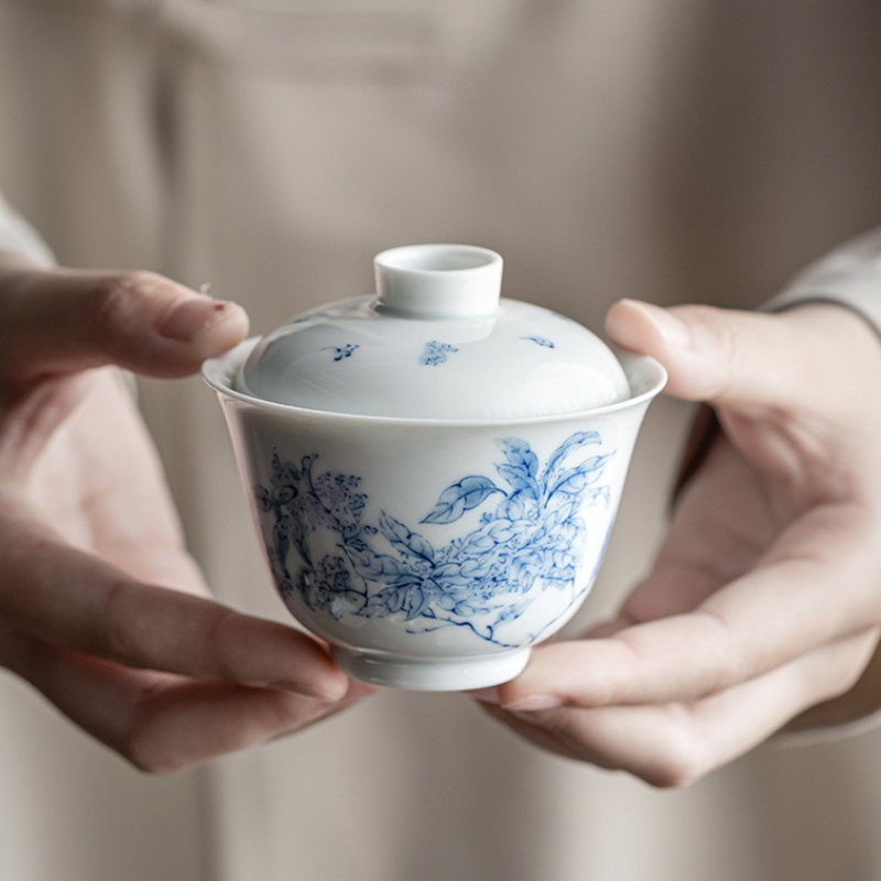 Gongfu Tea Set - Античный сине-белый фарфоровый Гайвань, ручная роспись,